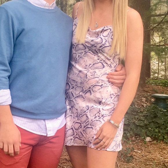 ‘A Love Like You’ M silk draped mini slipdress in unique pink w navy snake print - Picture 11 of 12